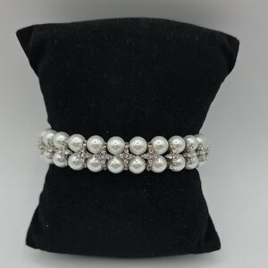 Signed Monet Faux Pearl Rhinestone Stretch Bracelet